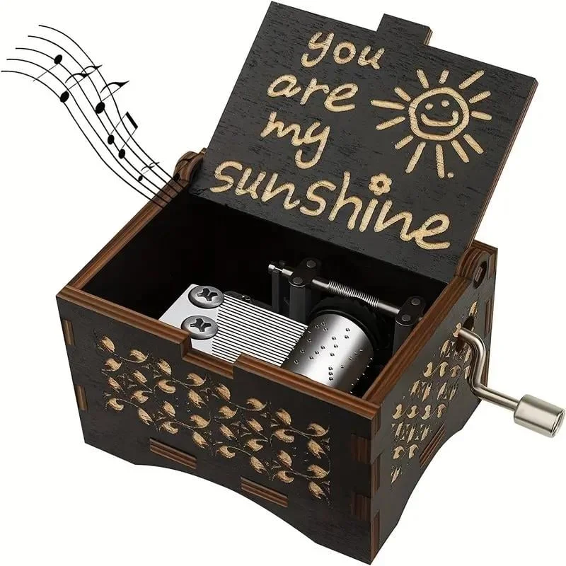 You Are My Sunshine Letter Pattern Music Box, 1 Count Hand Crank Wooden Vintage Laser Engraved Music Box, Gift for Birthday Anniversary Wedding You Are My Sunshine Letter Pattern Music Box, 1 Count Hand Crank Wooden Vintage Laser Engraved Music Box, Gift for Birthday Anniversary Wedding