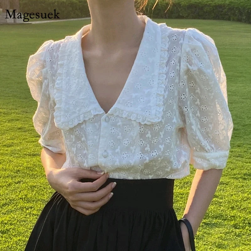 Huiketi Hollow Out Lace Short Puff Sleeve Woman Shirts Korean Summer Peter Pan Collar Blouse Women Fashion Elegant Loose Tops 13919