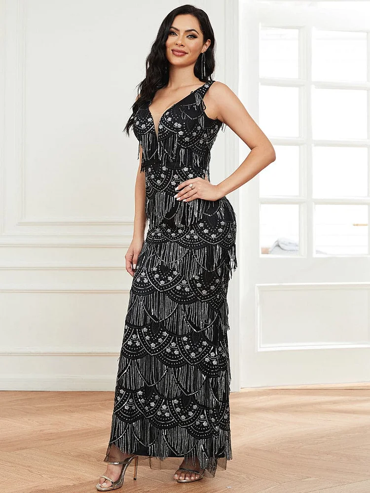 Sleeveless Deep V-Neck Open Back Fringe Sequin Dress XJ2082
