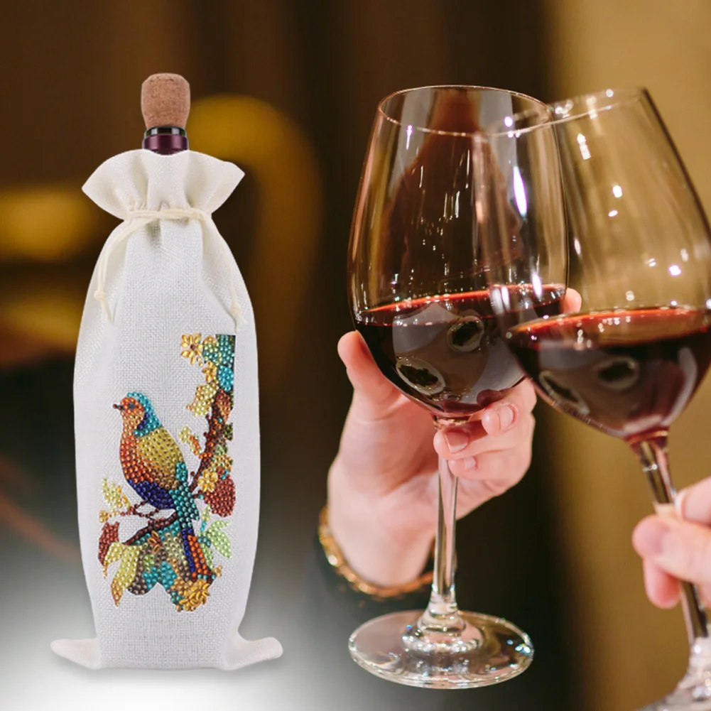 DIY Flower Diamond Painting Burlap Wine Gift Bags Label Liquor Bottle Covers