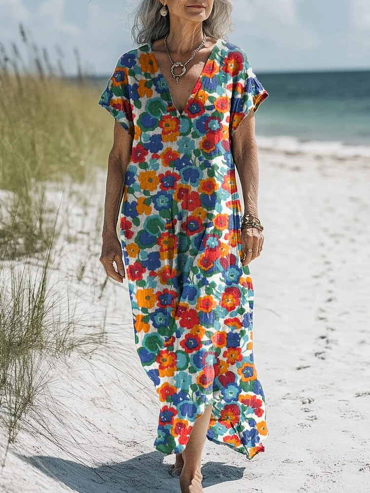 Retro Summer Floral Pattern Printed Women's Pocket Cotton Dress
