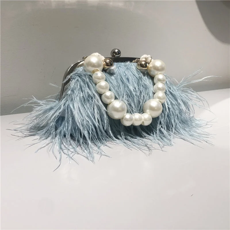 Evening Bag Ostrich Fur Pearl Chain Clutch Bag