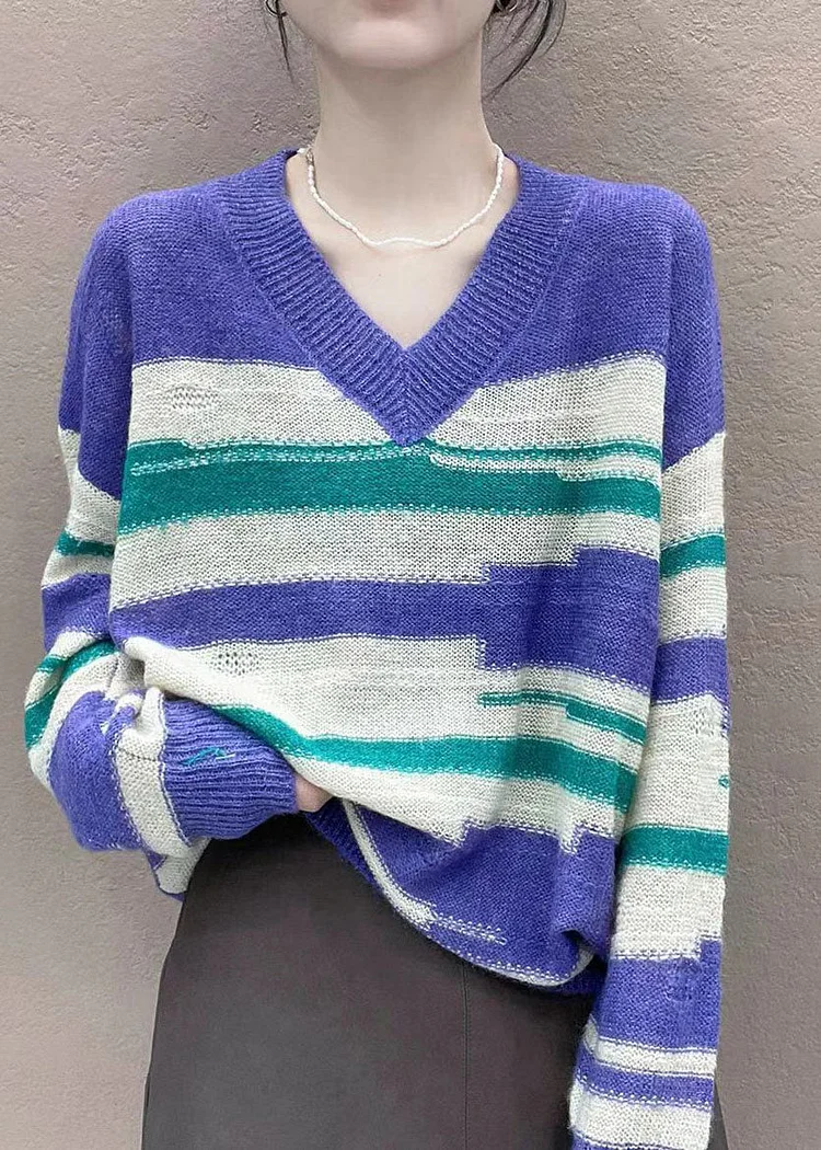 Style Purple V Neck Oversized Striped Knit Top