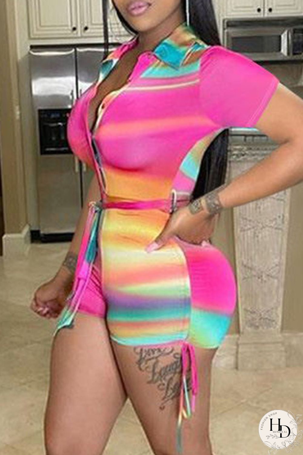 Fluorescent Green Casual Print Draw String Frenulum Turndown Collar Regular Jumpsuits