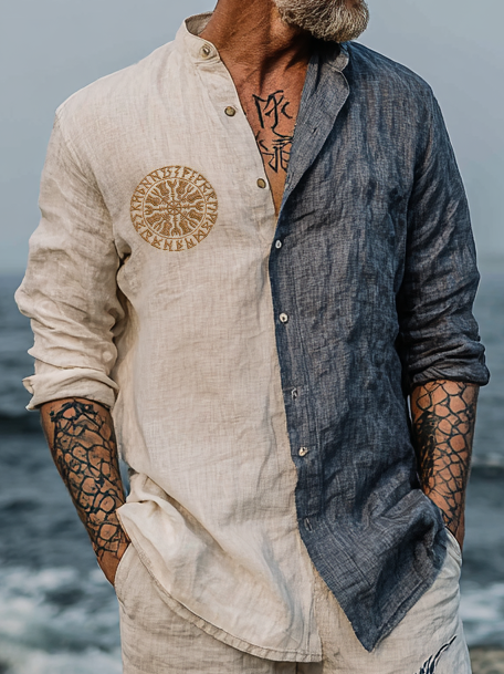 Men's Viking-Inspired Nordic Two-Tone Long Sleeve Linen Shirt / Rvogue / Rvogue