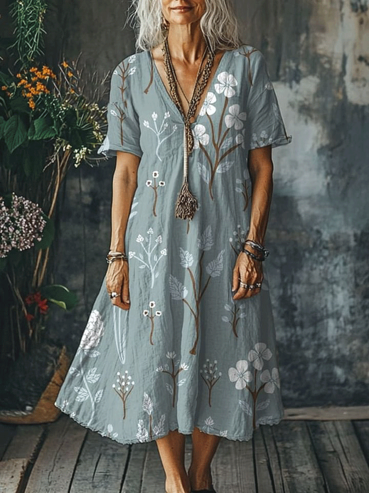 Women's  Flowers Art Print Pocket Cotton Dress
