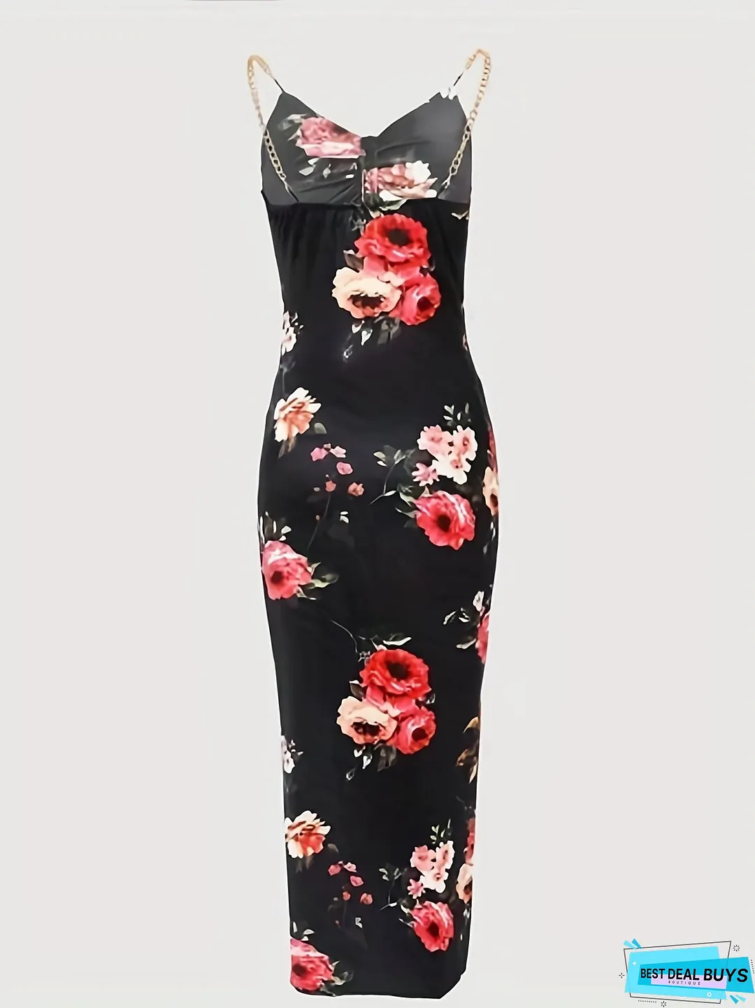 Floral Print Chain Strap Dress, Sexy Cut Out Sleeveless Bodycon Dress, Women's Clothing