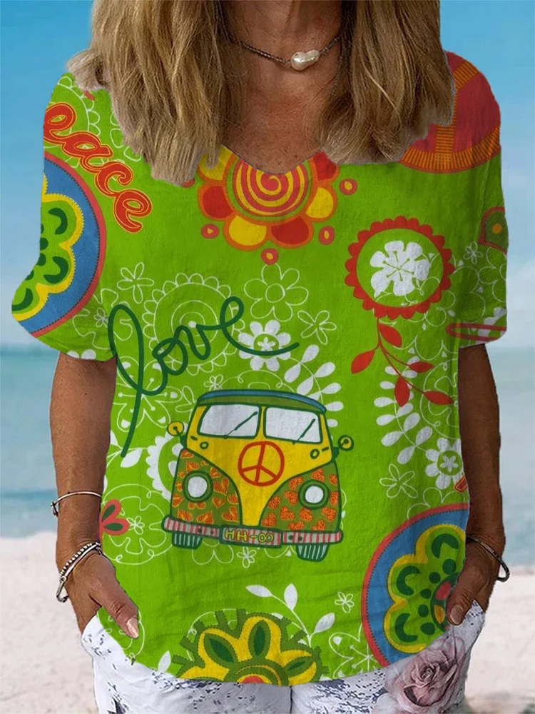 Women's Hippie Peace Car Print Casual Cotton And Linen Shirt