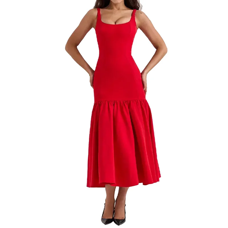 Uveng Uveng Women's New Square Collar Women's Elegant Flounce Solid Color Sexy Sling Autumn And Winter Dress