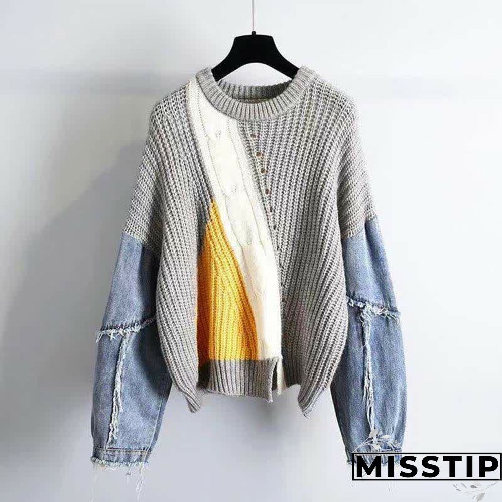 Denim Sleeve Colorblock Loose Round Collar Sweater