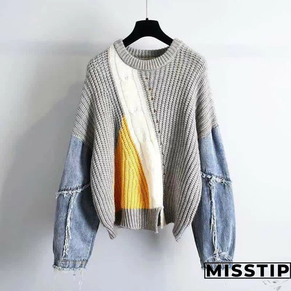 Denim Sleeve Colorblock Loose Round Collar Sweater