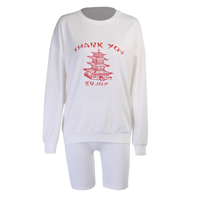 Building Printing Fleece and Shorts Suit Ins Street Casual Long Sleeve Loose and Simple Two-Piece Suit