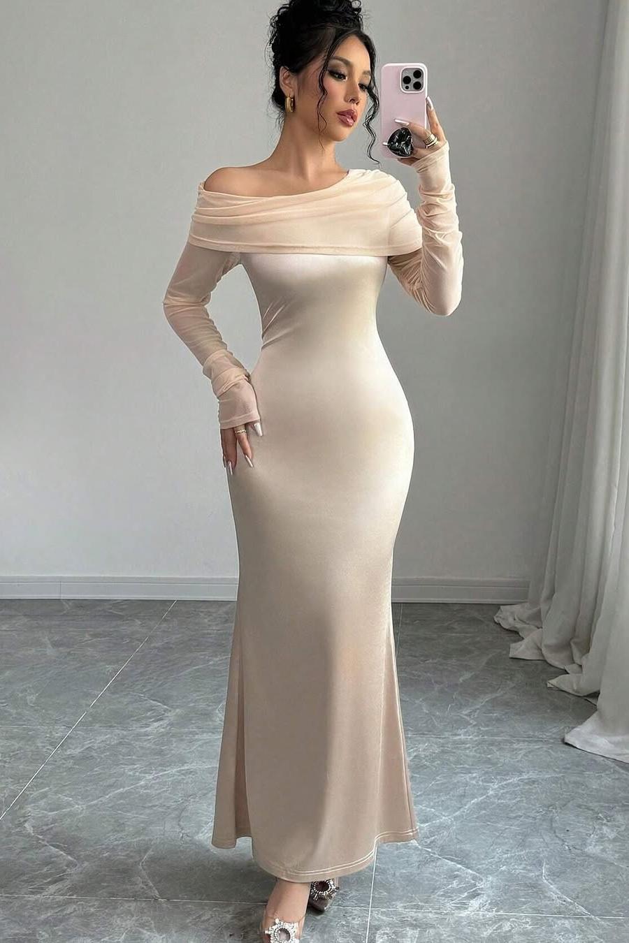 Lvs&Broner Off the Shoulder Long Sleeves Long Prom Dress With Ruffles Pleated   