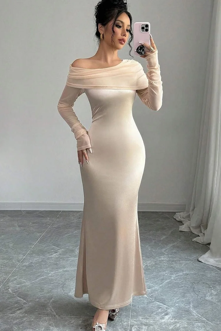 Hellodresses Off the Shoulder Long Sleeves Long Prom Dress With Ruffles Pleated   