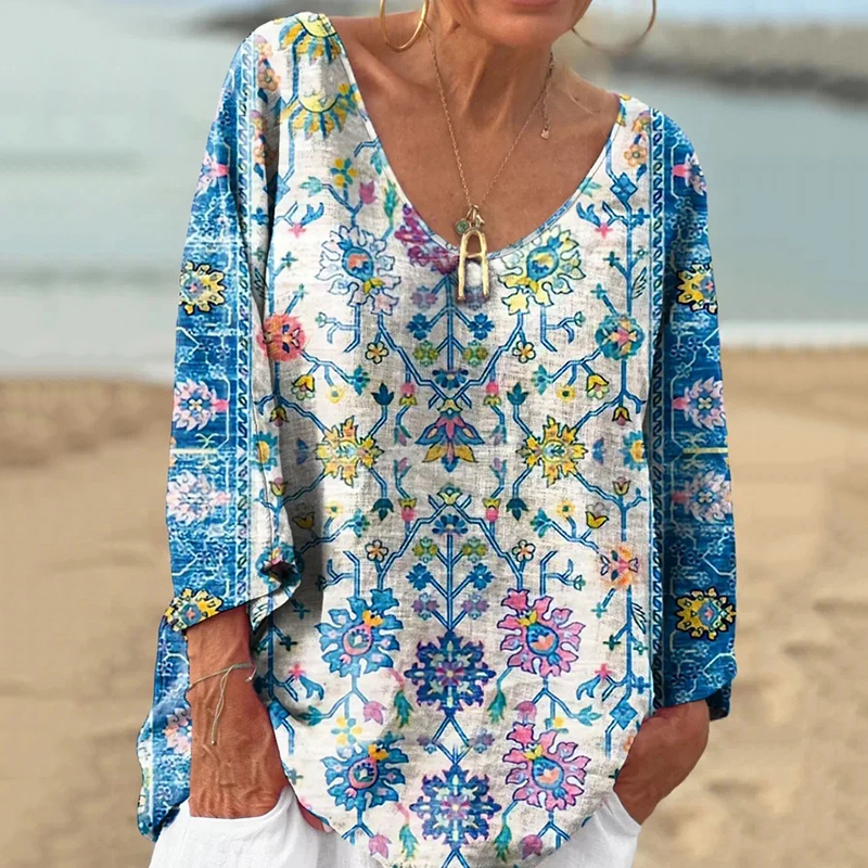 Comstylish Vintage Ethnic Flower Print V-neck Loose Linen Blend T-shirt