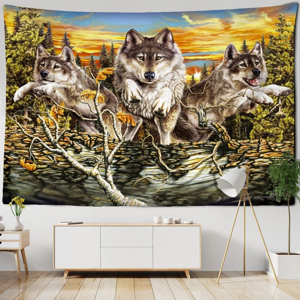 Snow Wolf Tapestry Wall Hanging Psychedelic Witchcraft Bohemian Mysterious Art Landscape Room Home Decor