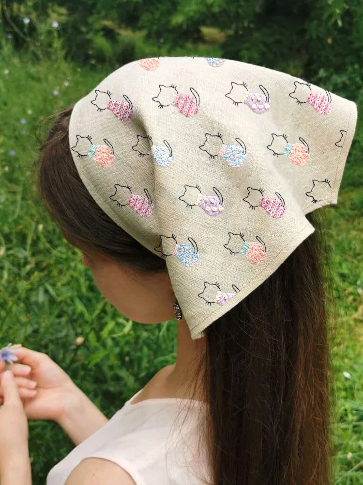 Cute Cats Embroidery Pattern Linen Blend Kerchief