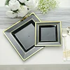 10 Pack | 7" Gold Trim Black Square Plastic Salad Dessert Plates