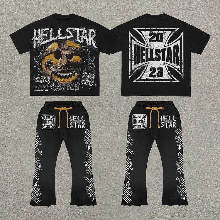 Vintage Personalized Hellstar Print Short Sleeve Tee & Flared Trousers Two Piece Set