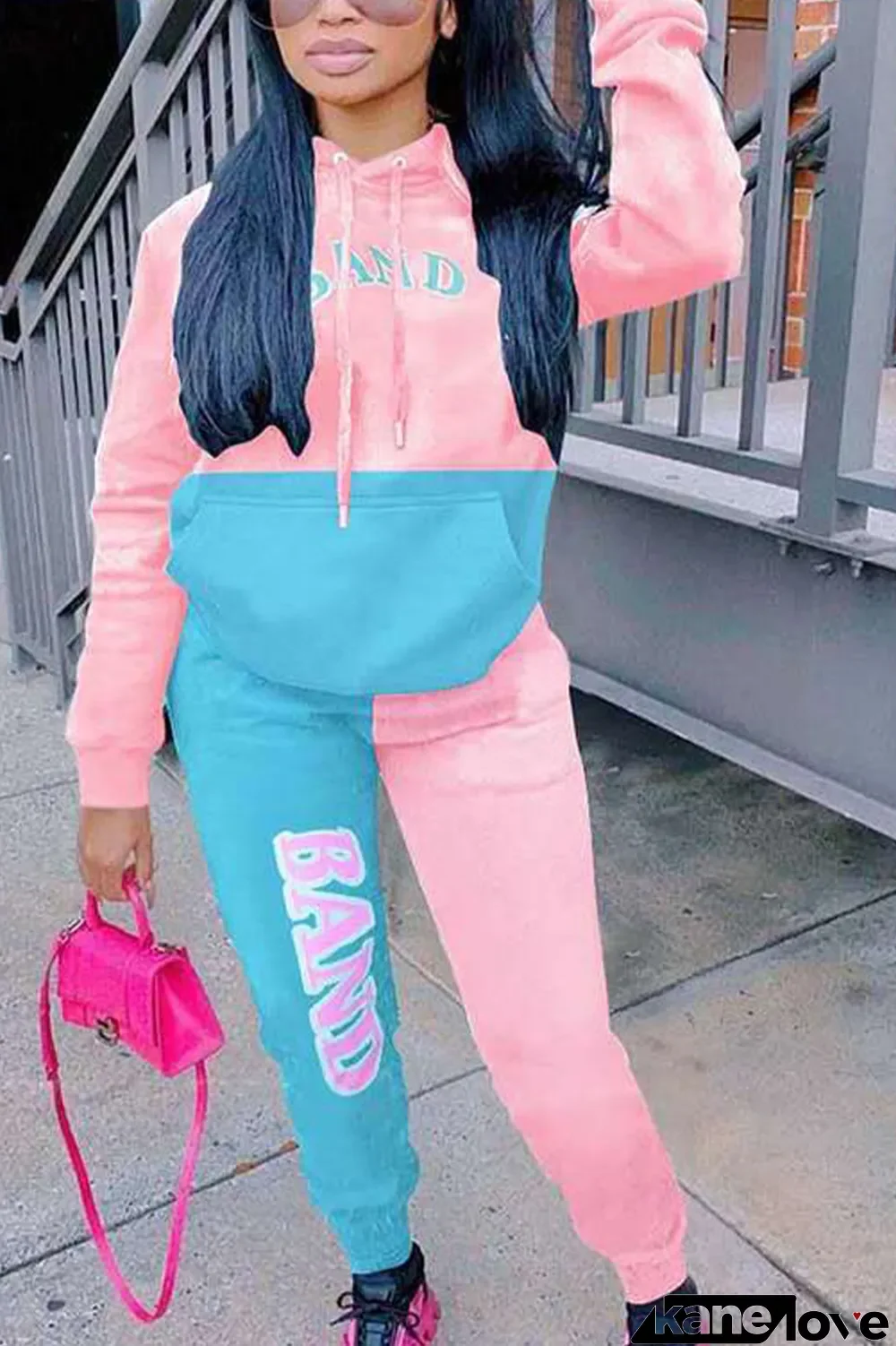 Pink Casual Polyester Patchwork Print Split Joint Hooded Collar Long Sleeve Regular Sleeve Regular Two Pieces