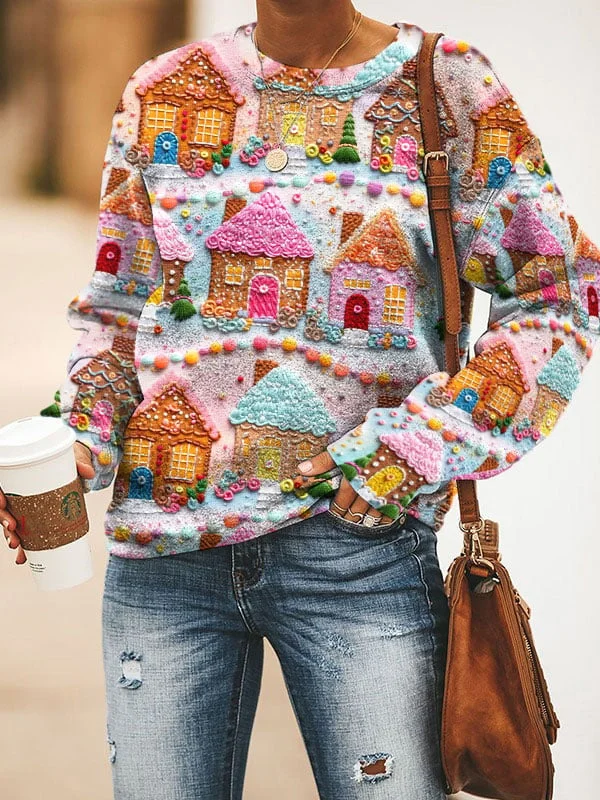 Women's Christmas Gingerbread House Print Sweatshirt-mysite