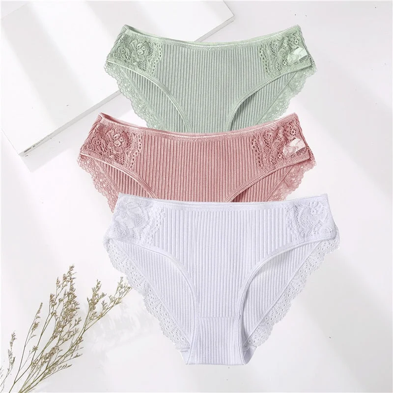 FINETOO 3PCS/Set M-XXL Cotton Underwear Women's Panties Comfort Underpants Floral Lace Briefs For Woman Sexy Low-Rise Intimates