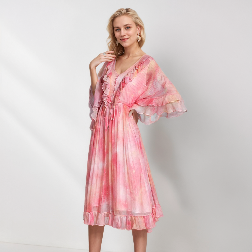 Pink Silk Chiffon Dresses With Sleeves Beach Style REAL SILK LIFE