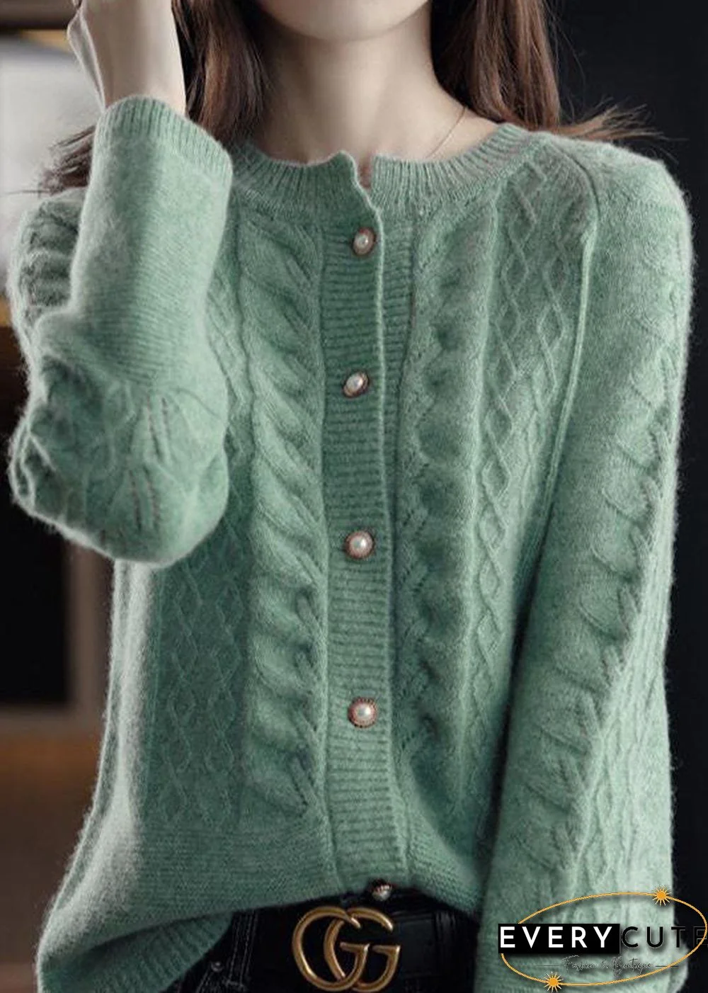 Green Warm Wool Cable Knit Cardigans O-Neck Pearl Button Winter
