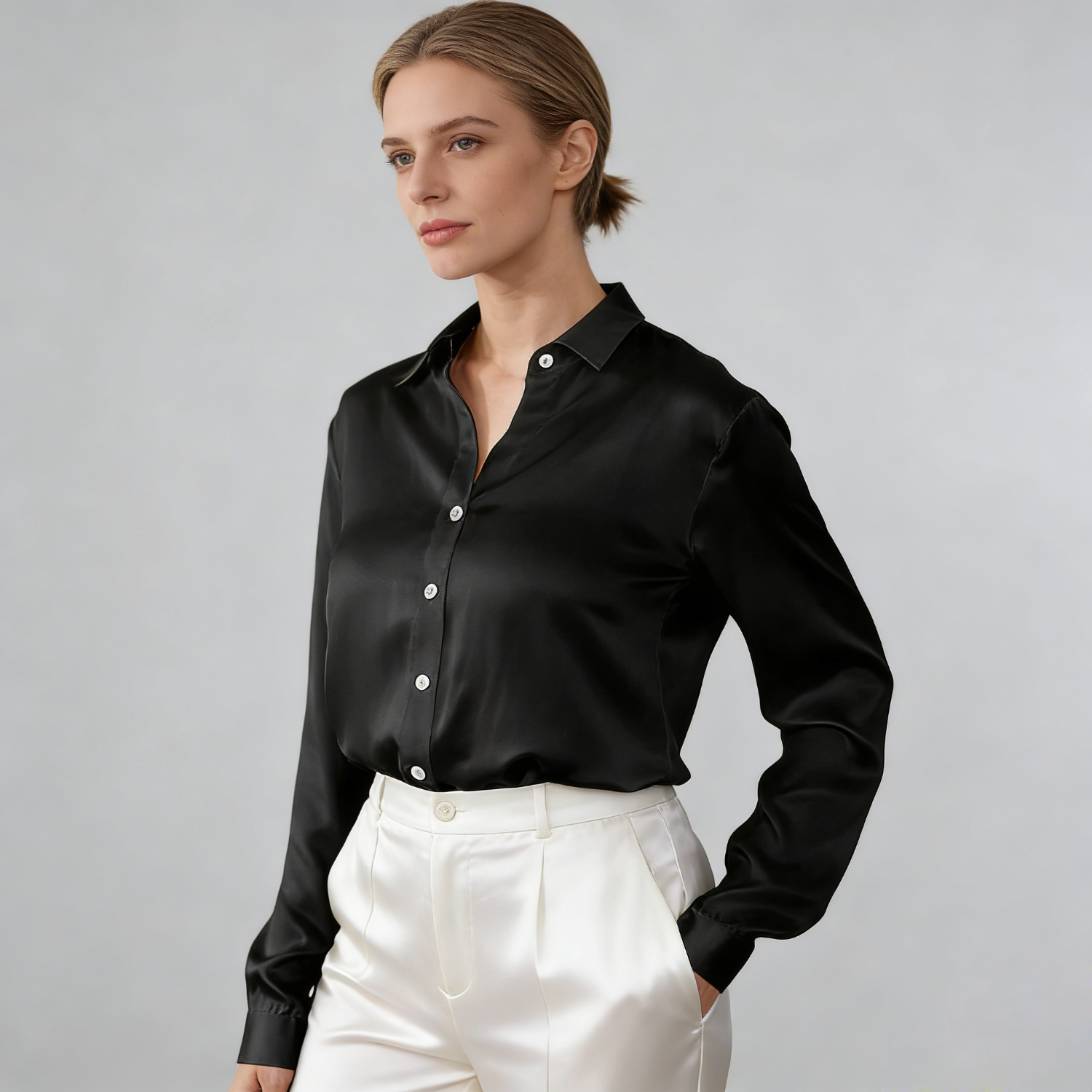 Solid Color Slim-fitting Silk Shirt REAL SILK LIFE