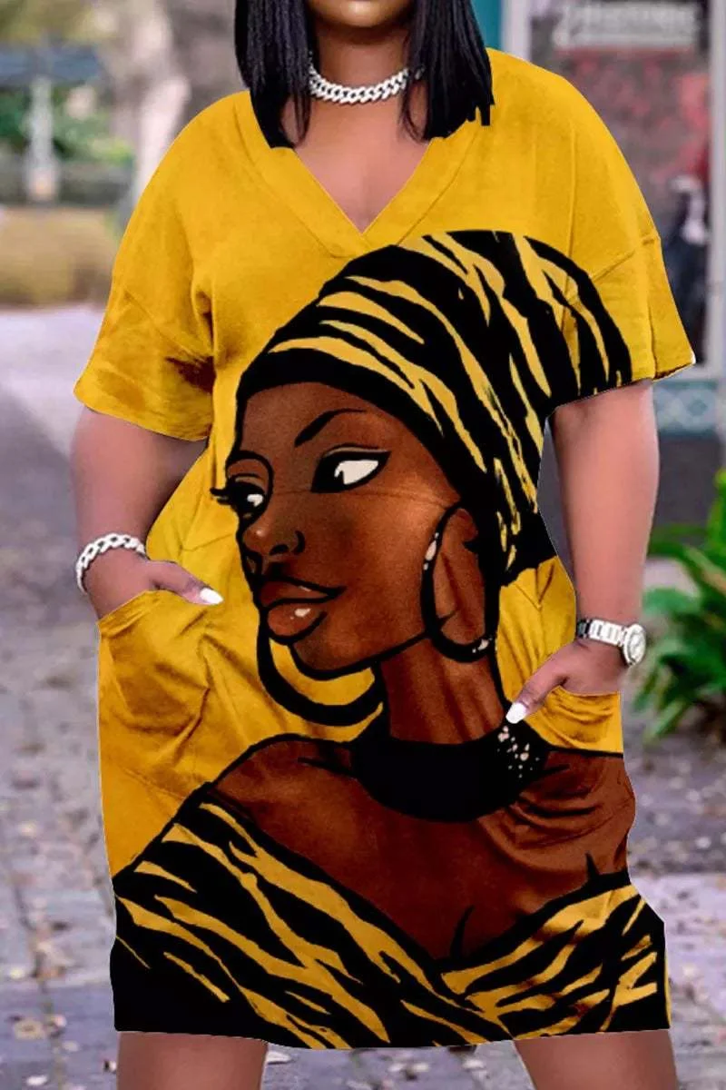 3D printed loose plus size v-neck mid-sleeve dress