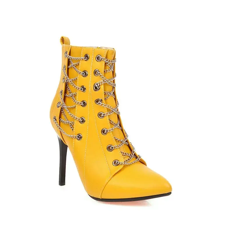 Qengg Women Ankle Boots 2023 Autumn Winter Stiletto Booties Cross Chain Decorate Thin High Heels PU Leather Size 34-50 Fashion Pumps