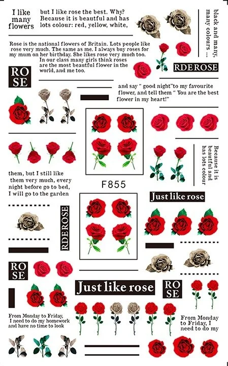 Purple Red Pink Rose Flower 3D Nail Sticker Leaves Love Heart Self-Adhesive Slider Art Decorations Decals Manicure Accessories-Nail Inspo