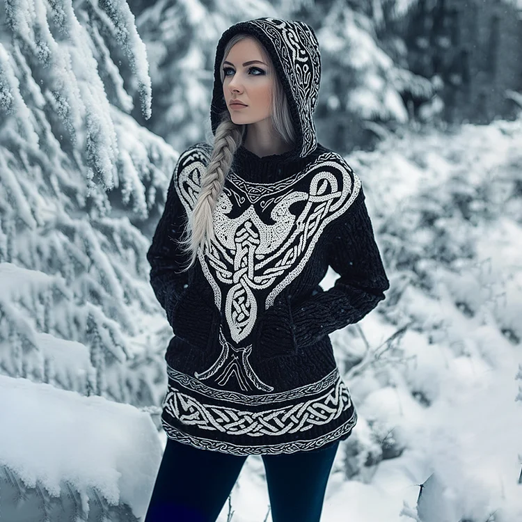 Women's Viking Tribal Celtic Chunky Knit Hooded Sweater