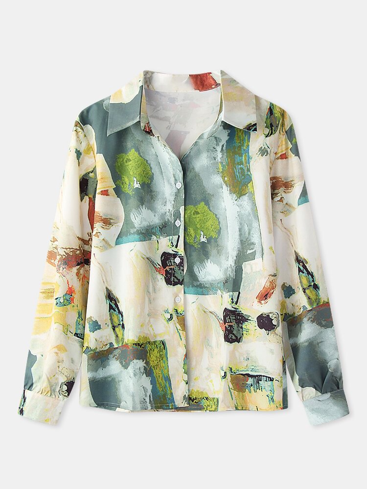 Retro Oil painting Print Button Long Sleeve Casual Blouse for Women P1817355