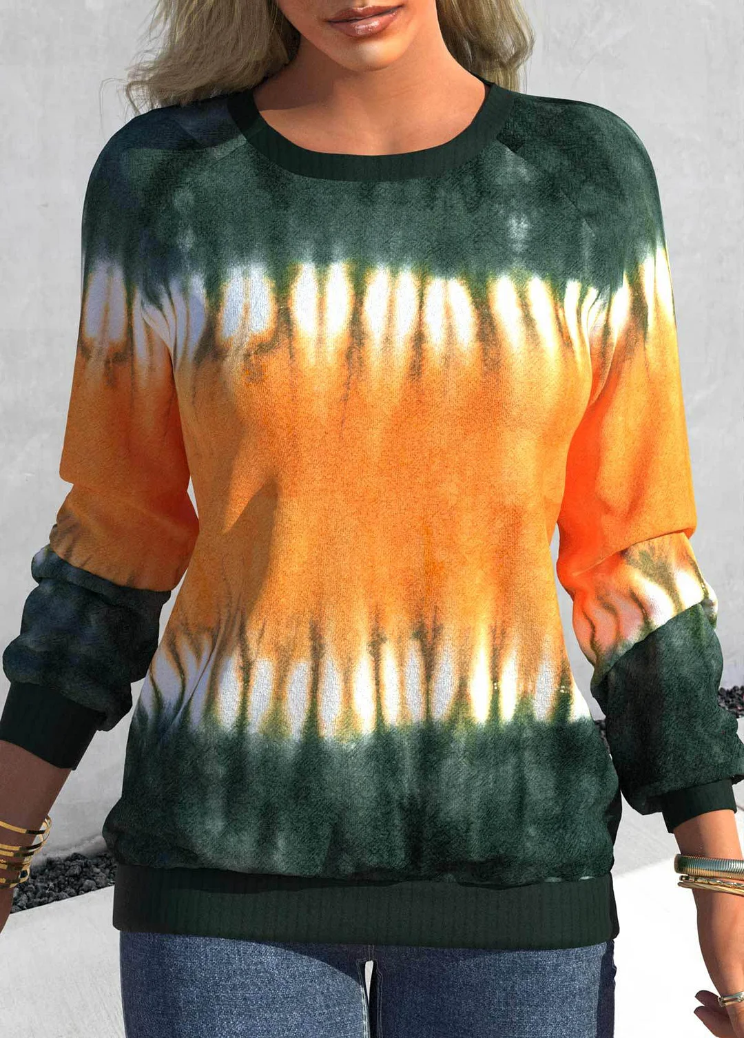 Uveng Autumn Tie-dyed Printed Round Neck Raglan Long Sleeve Sweaters