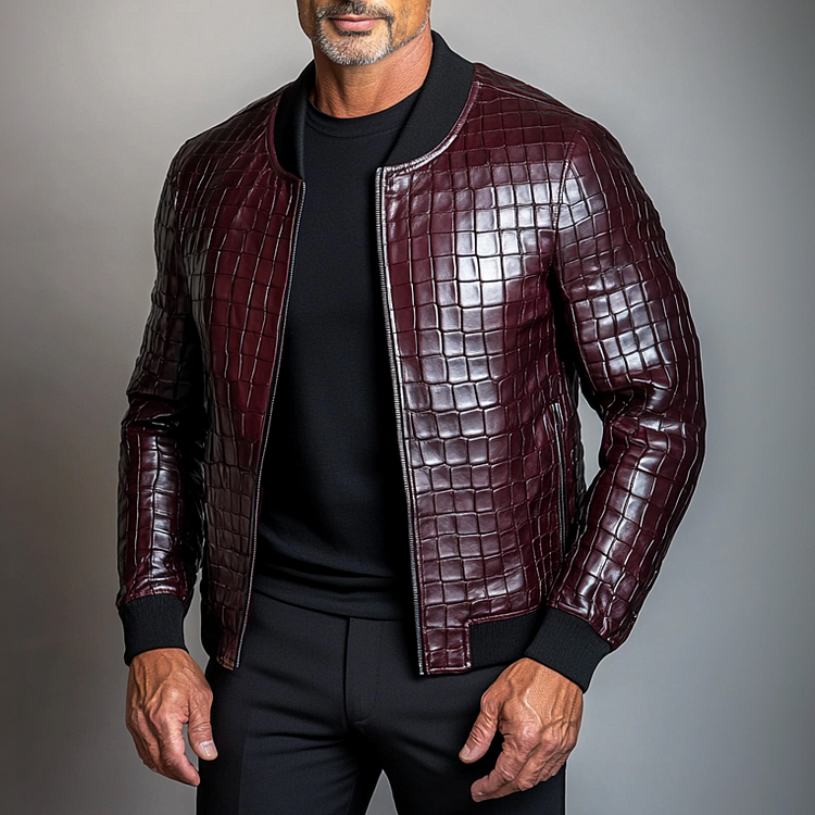Men's PU Leather Crocodile Stand Collar Zip Up Jacket