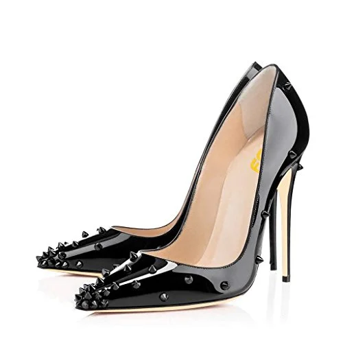 Lelia Black Stiletto Heels Pointy Toe Pumps Office Heels with Rivets |FSJ Shoes