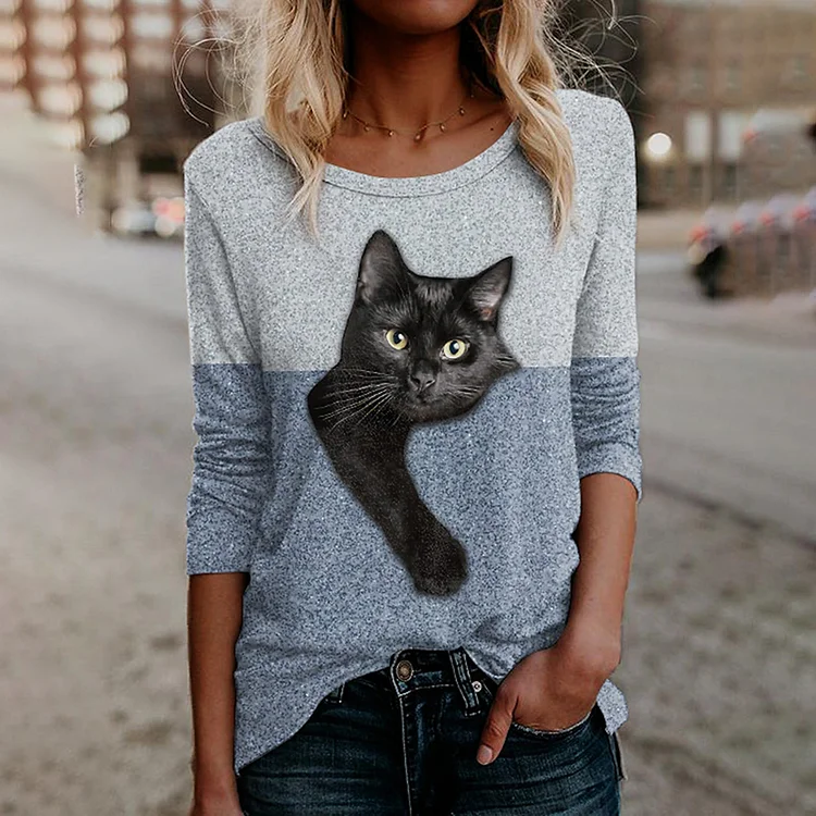 Contrast Panel Cat Print Long Sleeve Casual T-Shirt