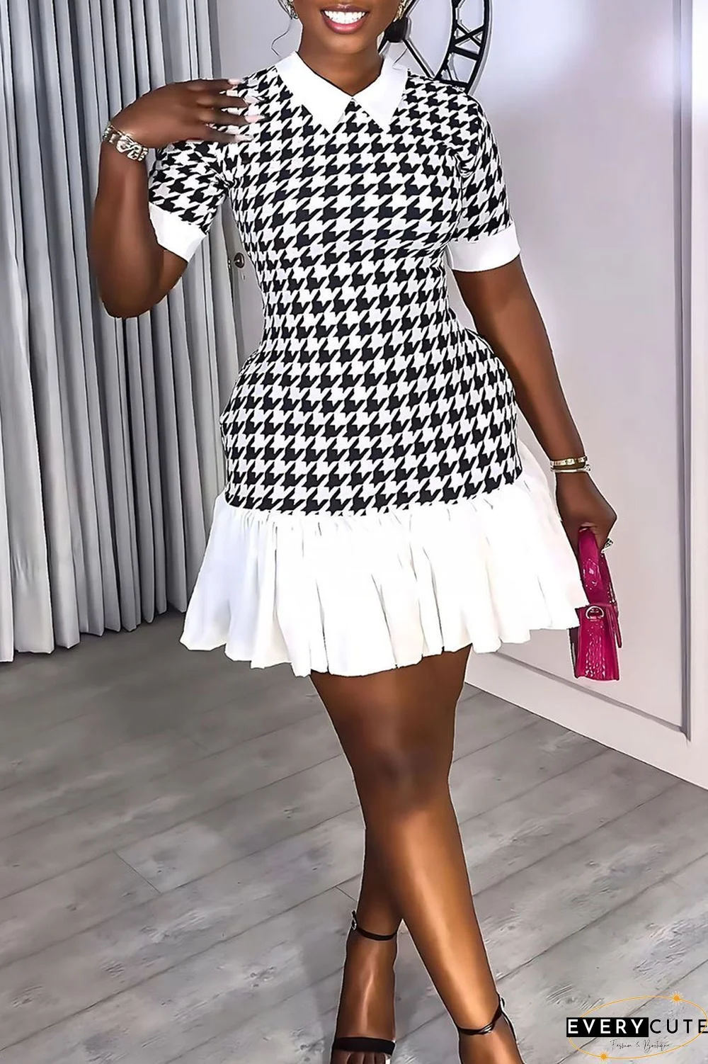 Multicolor Casual Print Patchwork Turndown Collar Short Sleeve Dress