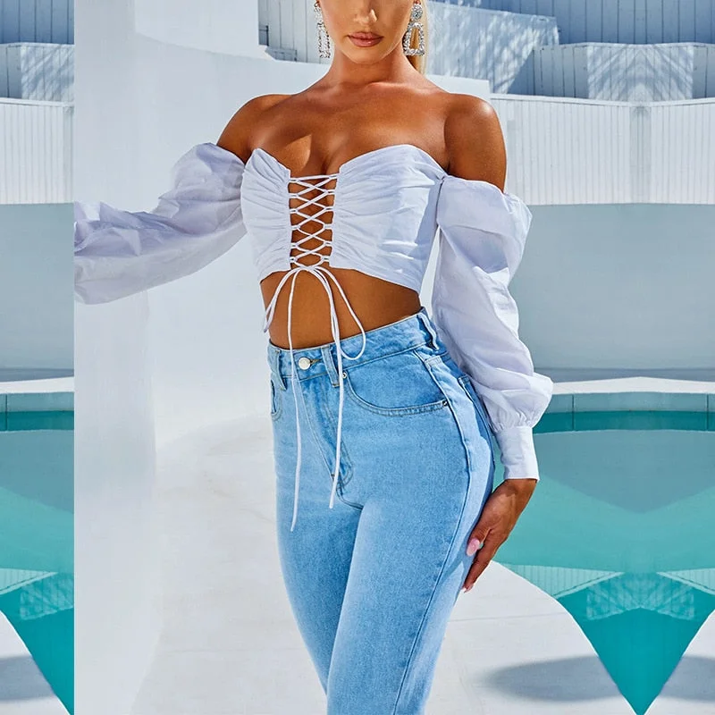 Sexy Women Puff Sleeve Blouse Solid Color Off Shoulder Lace-up Front Tube Tops Crop Tops Autumn Spring Chic Low Cut Blouse