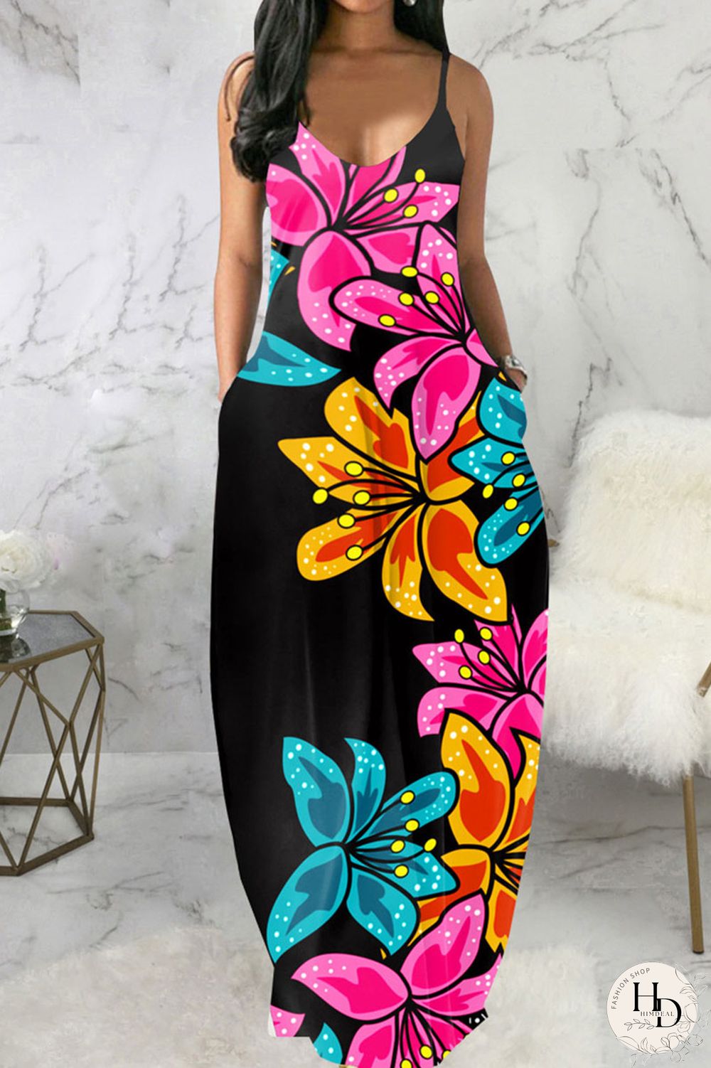 Blue Black Casual Print Patchwork Spaghetti Strap Sling Dress Dresses