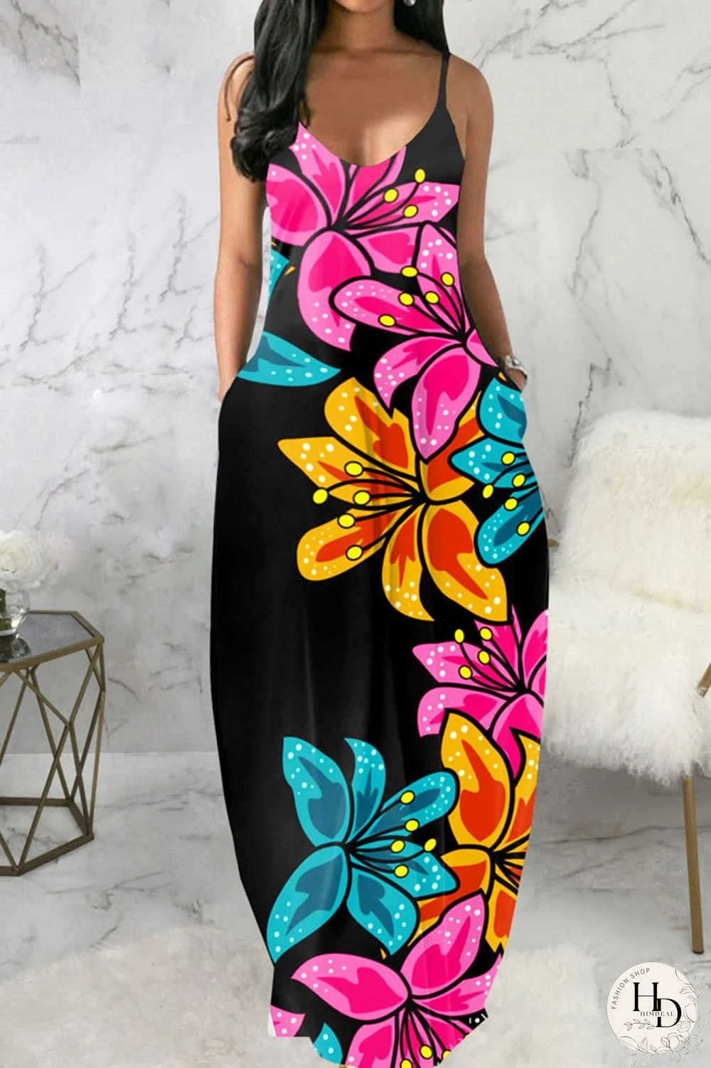 Blue Black Casual Print Patchwork Spaghetti Strap Sling Dress Dresses