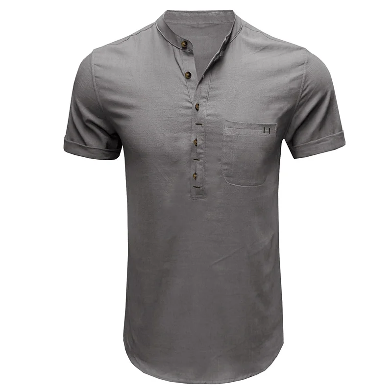 Men's Short Sleeve Linen Stand Henley Collar Pocket Shirt  Tough Men Style Loose Linen Shirt With Yellow & 6 More Colors