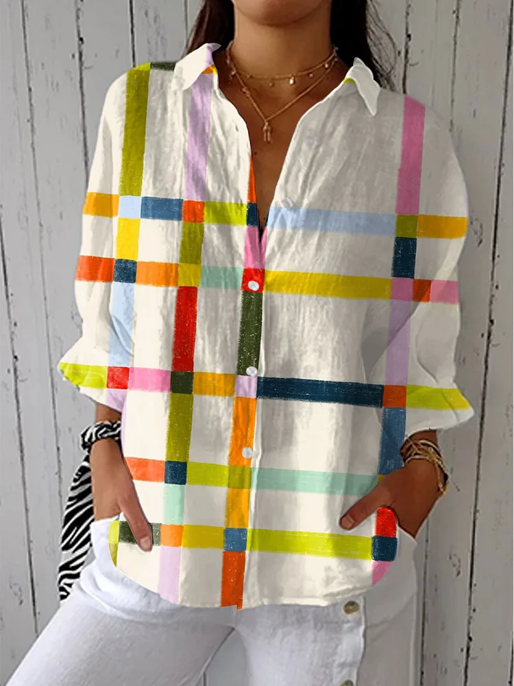 Women's Vintage Abstract Geometric Art  Print Casual Linen V-neck Shirt