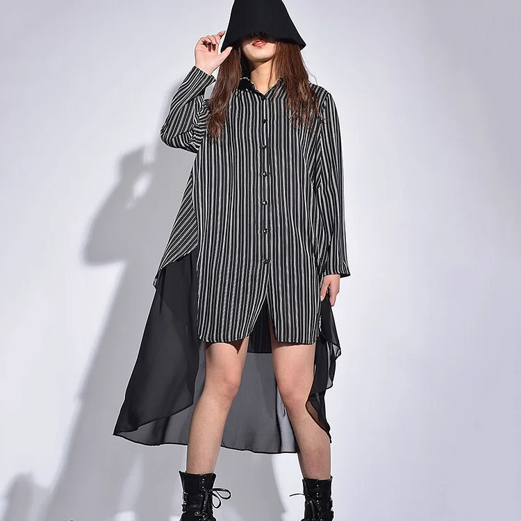 Fashion Loose Turn-down Collar Striped Irregular Hem Splicing Chiffon Ruffle Long Sleeve Dress      