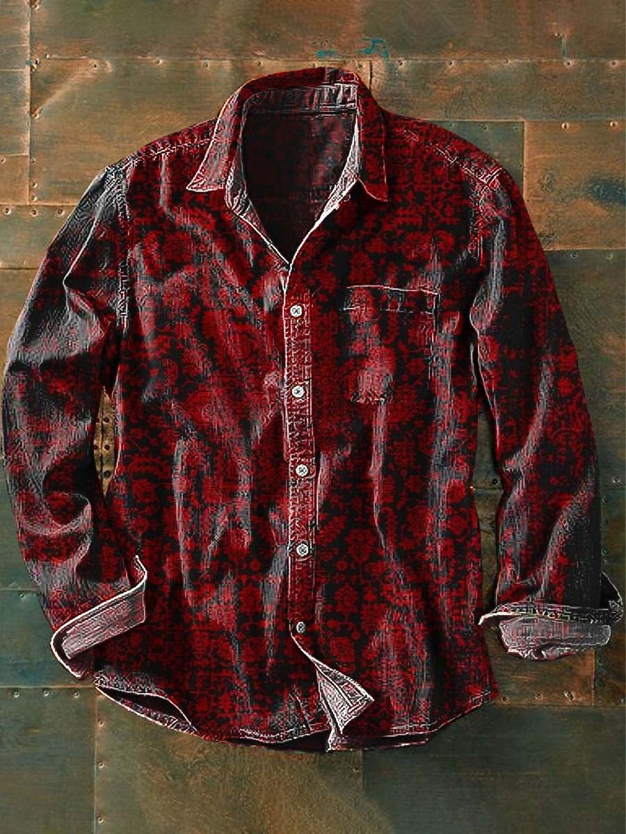 Men's Retro Ethnic Floral Print Casual Lapel Long Sleeve Shirt