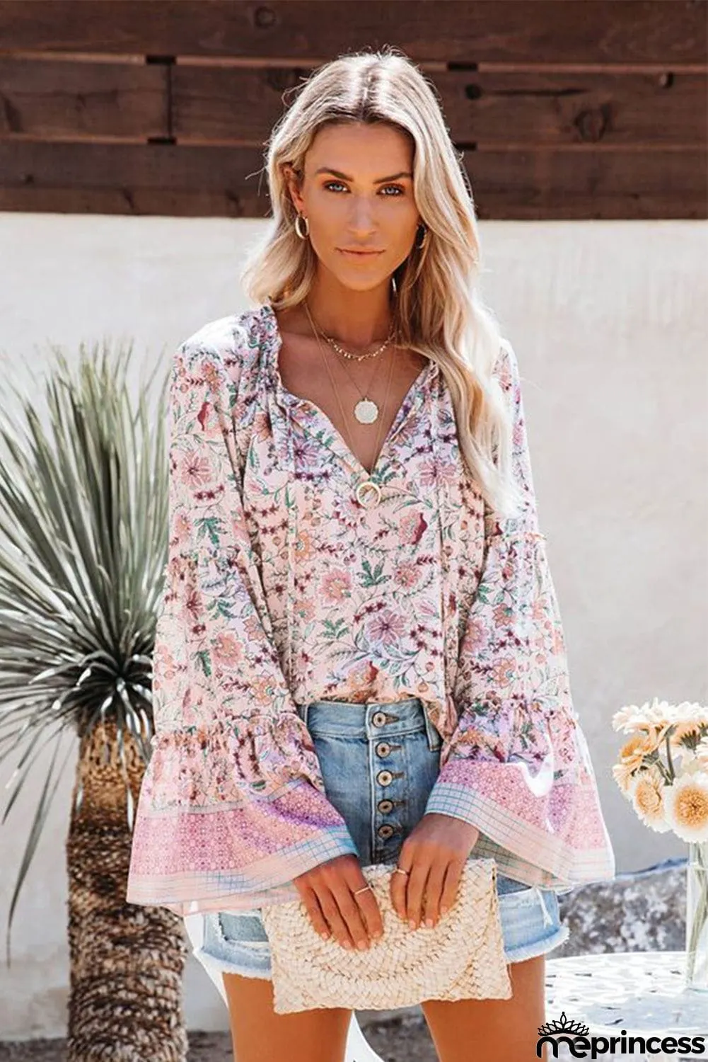 Floral Print V Neck Drawstring Flared Sleeve Top