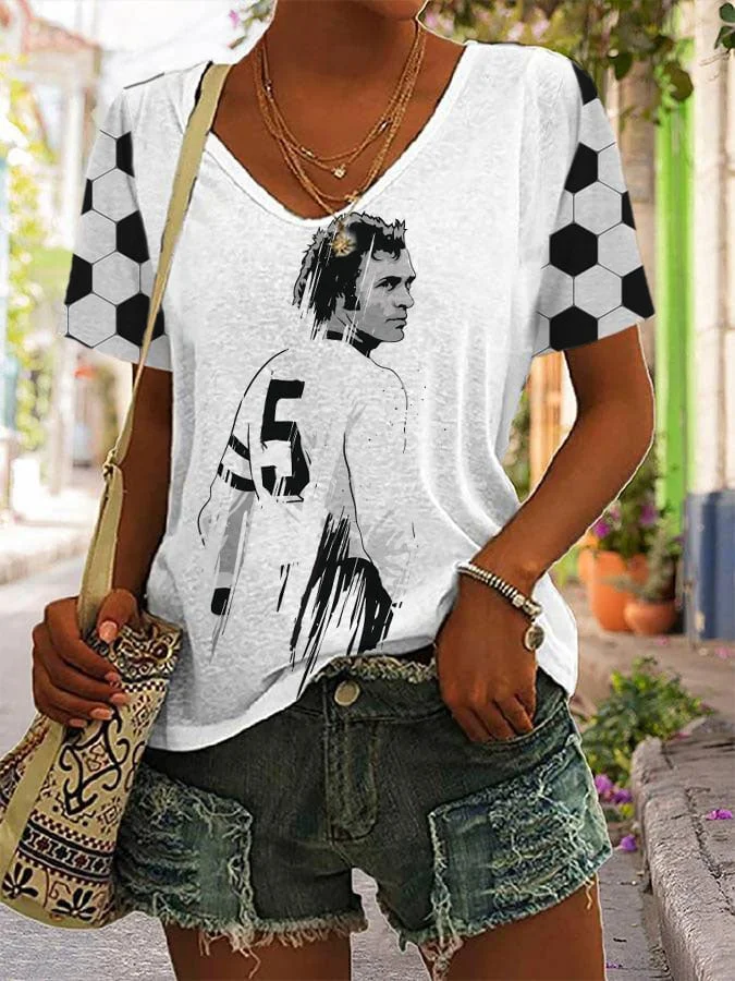 Women's RIP Beckenbauer Print Casual V-Neck Tee