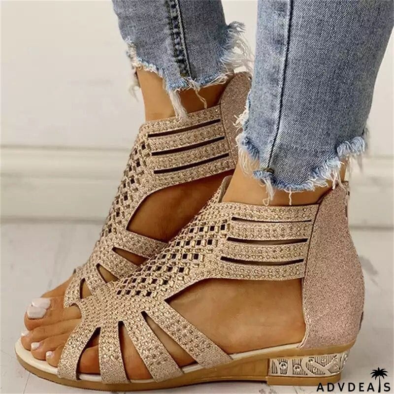 Women's Summer Open Toe Rhinestone Flat Hollow Out Roman Sandals