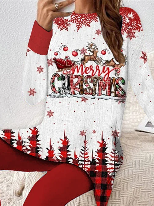 Women Casual Long Sleeve Round Neck Graphic Christmas Two-Piece Set